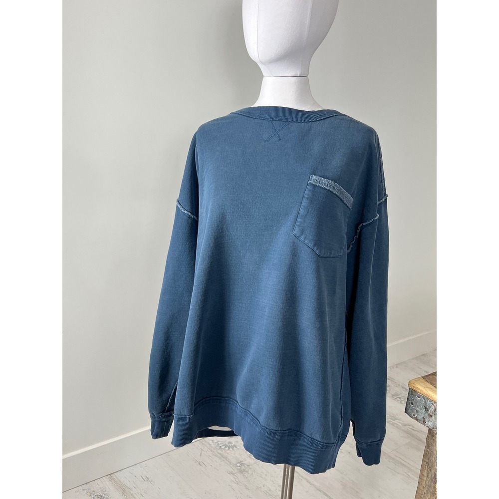We The Free Free People Blue Oversized Pocket Sweatshirt XL Raw Seam Crewneck